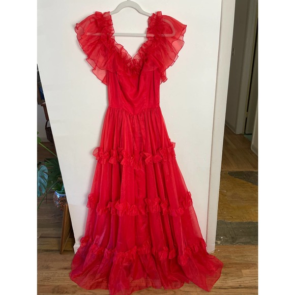 Vintage Red Ruffle Chiffon Gown Size X Small - Picture 1 of 8